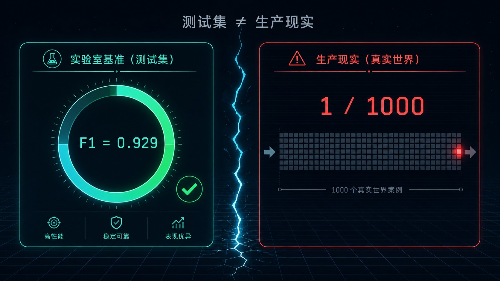 离线 F1 与生产端到端结果反差示意