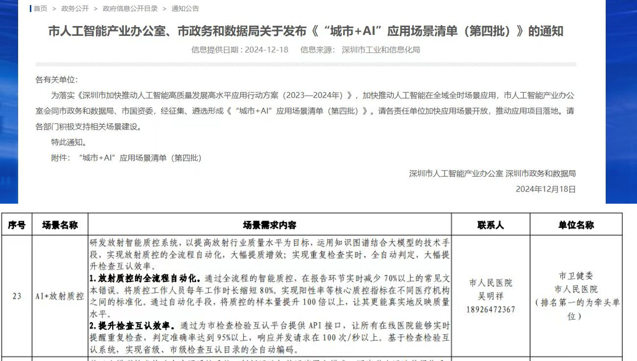 深圳市工业和信息化局“城市+AI”应用场景清单（第四批）发布通知